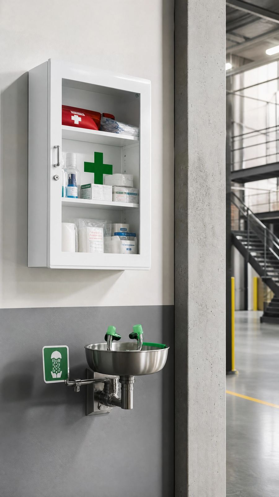 Wall-mounted first aid cabinet and eyewash station in a facility