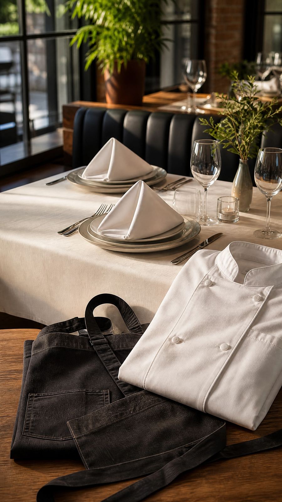 Table linen, chef coat and aprons set out in a restaurant dining room