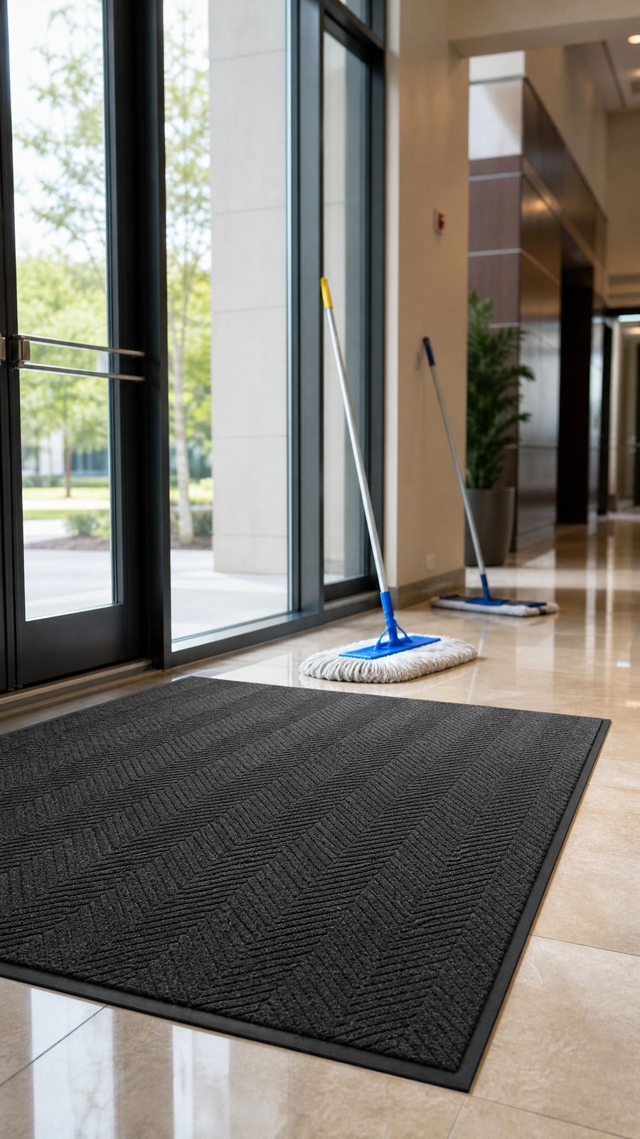 Entrance floor mat and dust mops in a commercial lobby