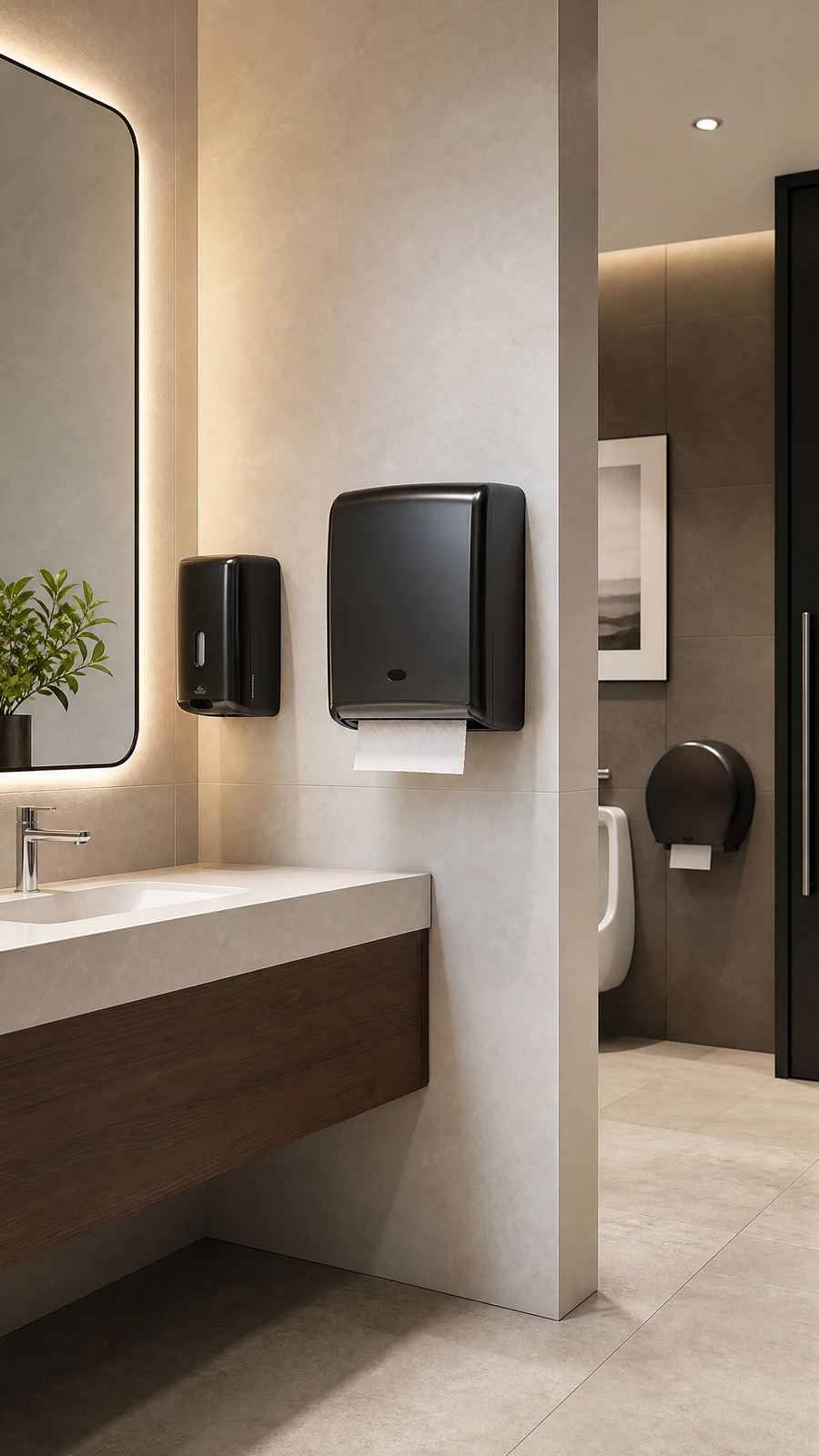 Soap and paper towel dispensers mounted in a commercial restroom