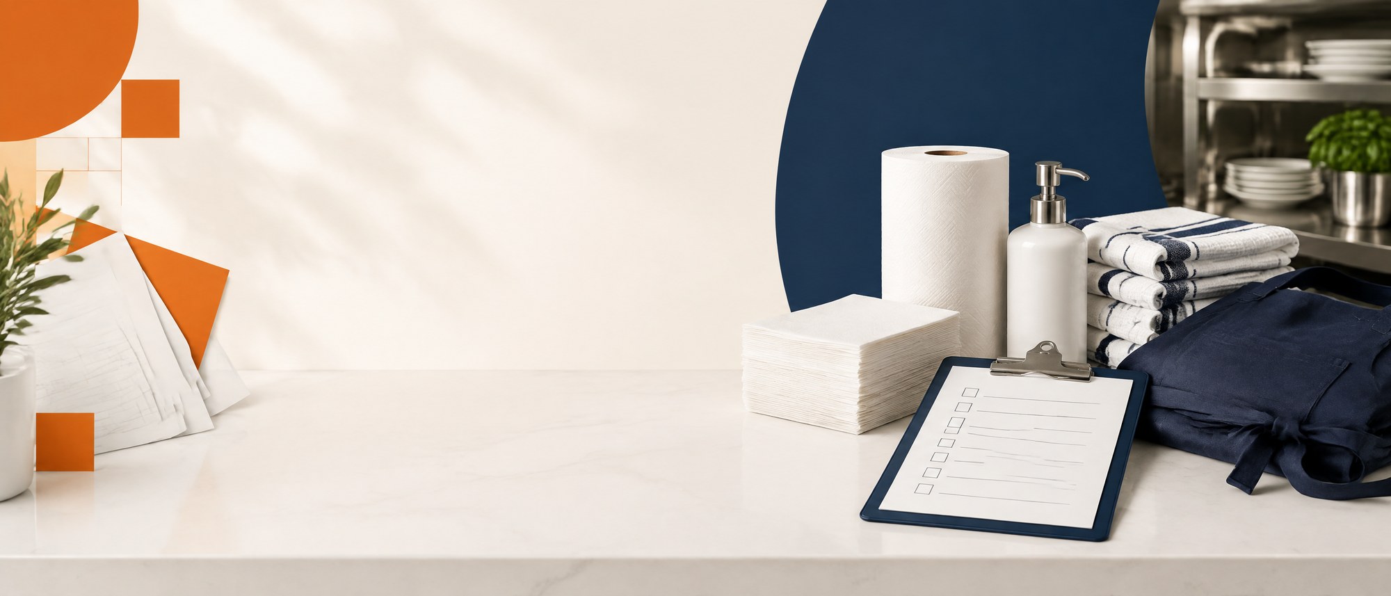 Restaurant supply check: linen, napkins, apron, paper towels and a clipboard