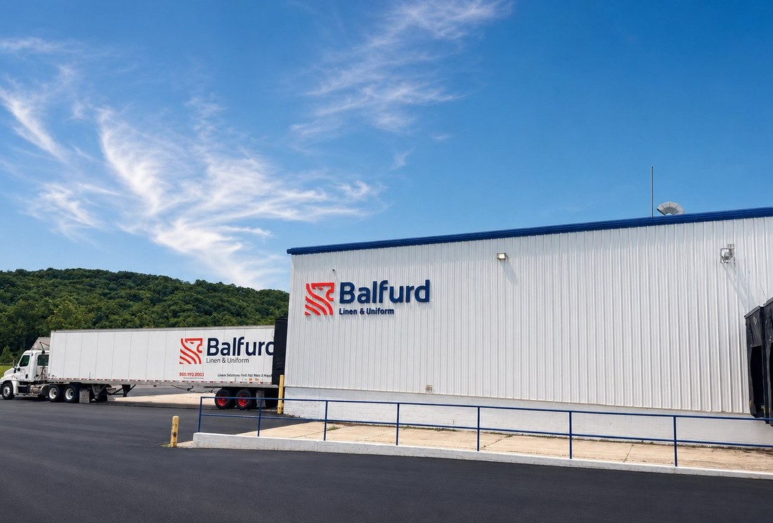A Balfurd trailer at the plant, lettered Linens, Uniforms, First Aid, Mats & Supplies