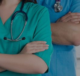 Man and woman wearing medical scrubs as part of rental service